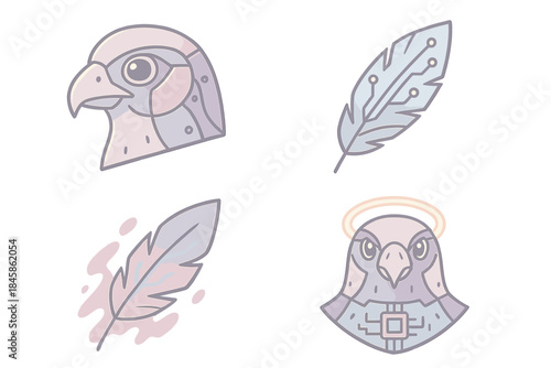 Cybernetic Bird Design. Isometric vector illustration set Cybernetic Bird Pattern: mechanical falcon head, circuit feathers, ink