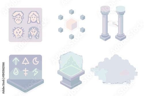 Digital Pantheon Icons. Isometric vector illustration set Digital Pantheon Core: pixelized god icons, glowing cube network, energy