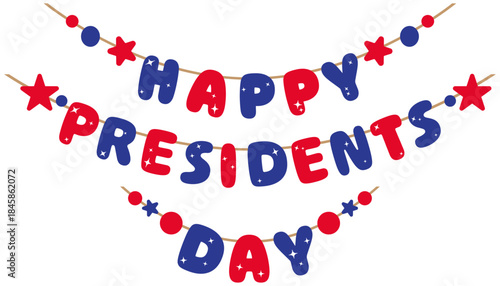 vector of happy presidents day garland with red, white, and blue starry bubble letters on transparent background