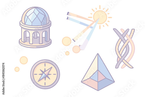 Sunveil Observatory Icons. Isometric vector illustration set Sunveil Observatory: crystal window dome, refracted sunlight paths,