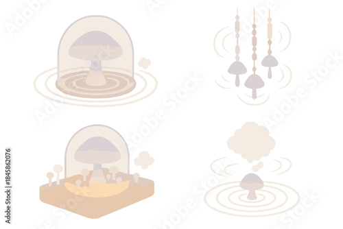 Fungal Resonance Chamber. Isometric vector illustration set Fungal Resonance Chamber: translucent mushroom domes, vibration rings,