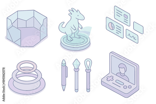 Virtual Tamer Base. Isometric vector illustration set Virtual Tamer Base: polygonal lab walls, floating data screens, holographic