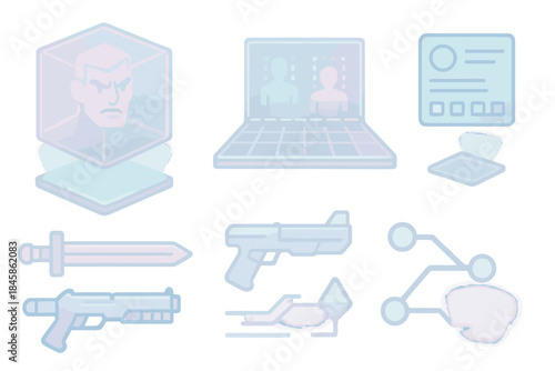Endless Battle Matrix. Isometric vector illustration set Endless Battle Matrix: holographic boss simulation cube, combat grids,