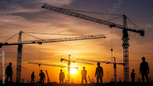  A construction site at sunset, featuring silhouetted workers and cranes against a vibrant orange and yellow sky. The image captures the essence of industrial activity during the golden hour.
