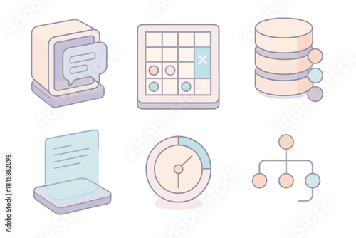 Decision Matrix Illustration. Isometric vector illustration set Decision Matrix Archive: dialogue memory vault, glowing choice