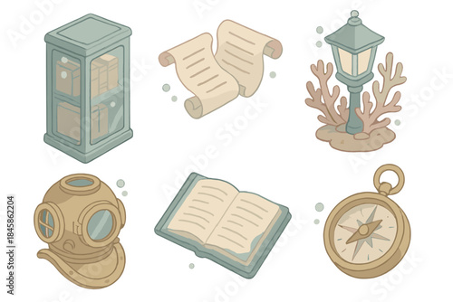 Underwater Archive Icons. Isometric vector illustration set of Underwater Archive Chamber: bookshelf with sealed glass, floating