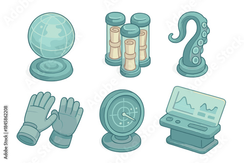 Oceanic Memory Chamber Icons. Isometric vector illustration set of Oceanic Memory Chamber: holographic archive sphere, ancient