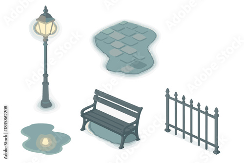 Misty Urban Night Icons. Isometric vector illustration set of Misty Urban Night: vintage street lamp, cobblestone path, faint fog