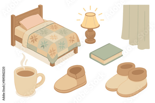 Cozy Cottage Evening. Isometric vector illustration set of Cottage Evening Setting: patterned blanket on bed, flickering lamp, cup