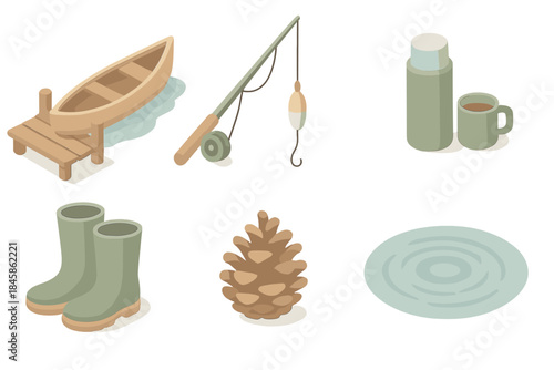 Forest River Essentials. Isometric vector illustration set of Forest River Travel: wooden canoe dock, fishing rod, thermos cup,