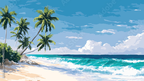 Tropical Beach Scene with Palm Trees and Ocean Painting