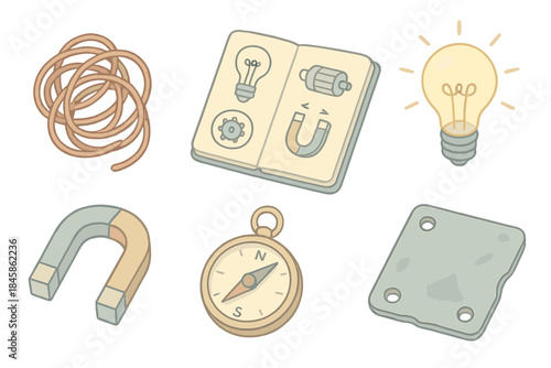 Inventor's Essentials. Isometric vector illustration set of Inventor’s Corner: tangled copper coil, notebook with sketches,