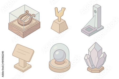 Echo Grove Display. Isometric vector illustration set of Echo Grove Museum: display case with fossil wood instrument, golden chime