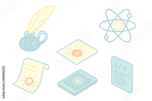 Light Script Chamber Icons. Isometric vector illustration set of Light Script Chamber: luminous feather quill, swirling ink bottle