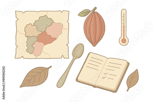Cacao Region Icons. Isometric vector illustration set of Cacao Region Chart: parchment map with regions, cocoa pod, tasting spoon,
