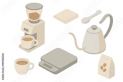 Minimalist Coffee Essentials. Isometric vector illustration set of Minimalist Coffee Setup: grinder and cup pair, folded napkin,