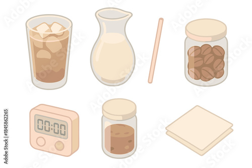 Refreshing Brew Icons. Isometric vector illustration set of Refreshing Brew Setup: tall glass with ice coffee, milk carafe, straw,