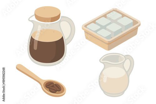 Cold Brew Essentials. Isometric vector illustration set of Cold Brew Artifacts: glass pitcher with dark brew, cork lid, ice cube