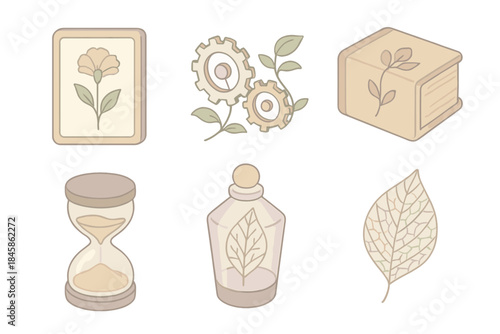 Botanical Time Archive. Isometric vector illustration set Botanical Time Archive: preserved flower specimen, clock gears with