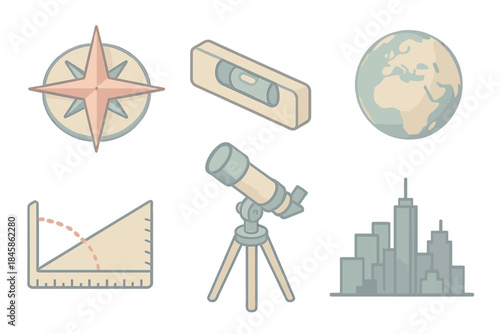 Urban Celestial Navigation Icons. Isometric vector illustration set Celestial Navigation Urban Edition: compass rose, horizon