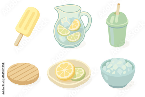 Citrus Chill Icons. Isometric vector illustration set Citrus Chill Bar: lemon popsicle, glass pitcher with ice, citrus slices on
