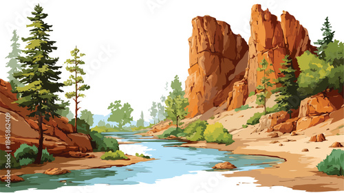 Vibrant Canyon Landscape Painting with River and Trees on Right