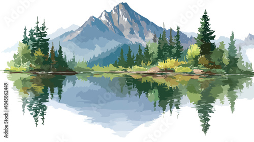 Serene Mountain Landscape with Reflecting Lake and Trees - Nature Painting