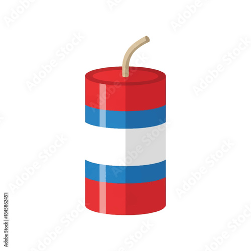Bright striped red and blue cylindrical candle with simple wick, isolated on white background.
