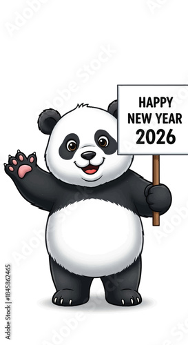 Cute panda mascot holding a festive sign to celebrate New Year 2026.