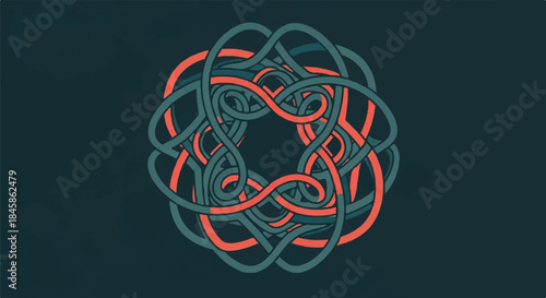 Intricate interwoven knot design in teal and pink on a dark background, abstract circular motif.