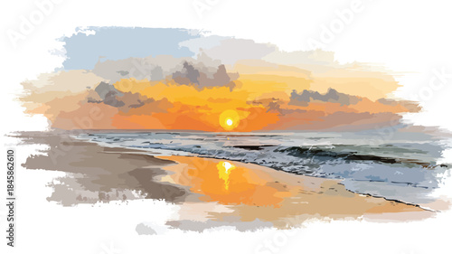 Vivid Sunset Beach Painting with Ocean View for Design Projects