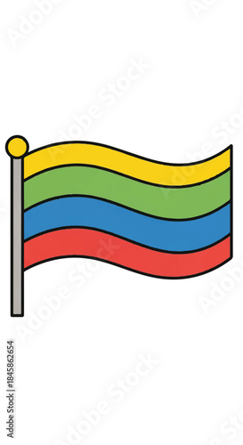Colorful rainbow flag with wavy stripes on a pole symbolizing diversity and inclusion.