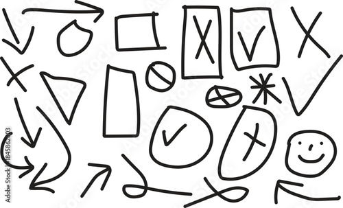 Hand drawn doodle icons and symbols on white background check mark, cross mark, arrow