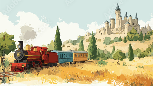 Scenic Painting of Train Passing Castle in Field - Captivating Image for Design Projects