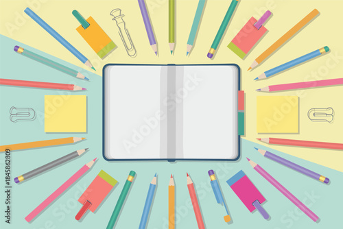 Open Notebook Surrounded by Colorful Stationery and School Supplies