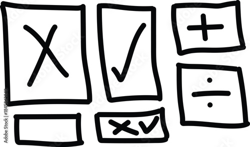 Hand Drawn Mathematical Symbols and Checkmarks on White Background math, symbols, hand