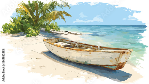 Boat on Beach Vector Outline Illustration for Designs and Projects