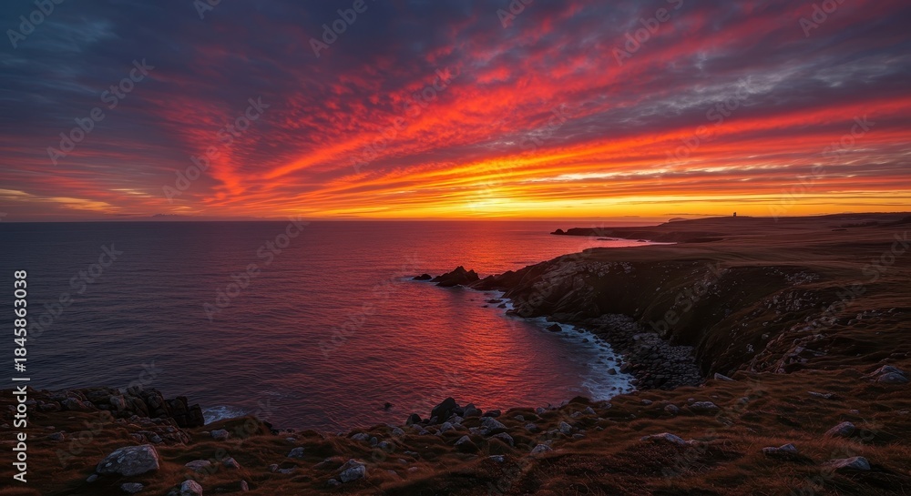 Obraz premium Expansive coastal headland panorama captured during a stunning sunset. Vast northern seascape with dramatic red and orange evening light ,red ,coastal ,travel