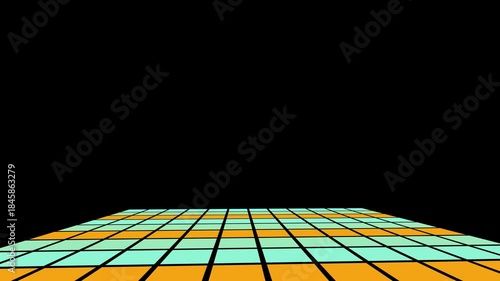 Retro animated disco floor with glowing orange and cyan tiles against a black background