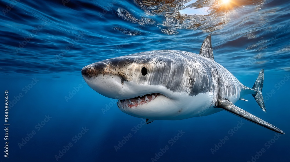 Naklejka premium Great white shark swimming underwater near ocean surface