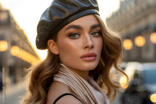 Fototapeta Naklejka Na Ścianę i Meble -  Woman wearing beret on city street at sunset