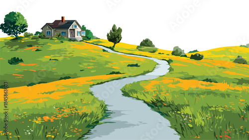 Serene Country Road Through Lush Green Meadow