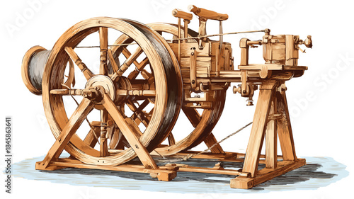 Rustic Wooden Machine with Wheel - Vector Illustration