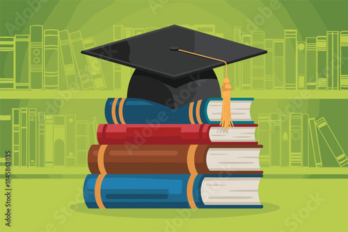 Graduation Cap on Books - Education and Learning Concept