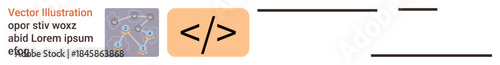 Software development, programming, web design, computer science, technology, data connection. HTML tag symbols and network diagram concept. Software development and programming visualization