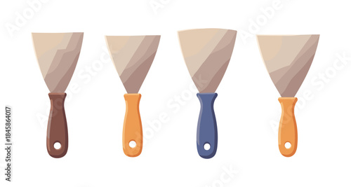 Set of four putty knives with different colored handles on a white background