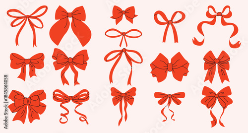 Vector set of cute hand drawn red bow and ribbon set in coquette and vintage style. Trendy bows, gift ribbons, elements for packaging design, Christmas scrapbooking, greeting cards, feminine branding.