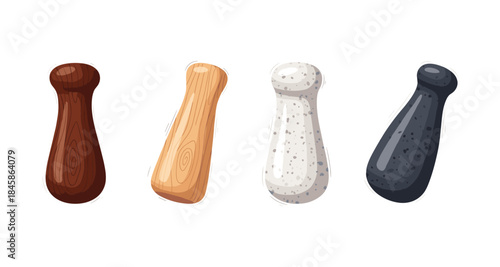 Set of four cartoon pestles and mortars in different materials and colors