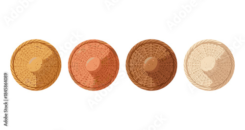 Collection of four woven straw hats viewed from above in different natural colors