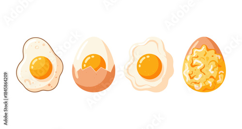 Collection of cartoon-style fried and boiled eggs with runny yolks